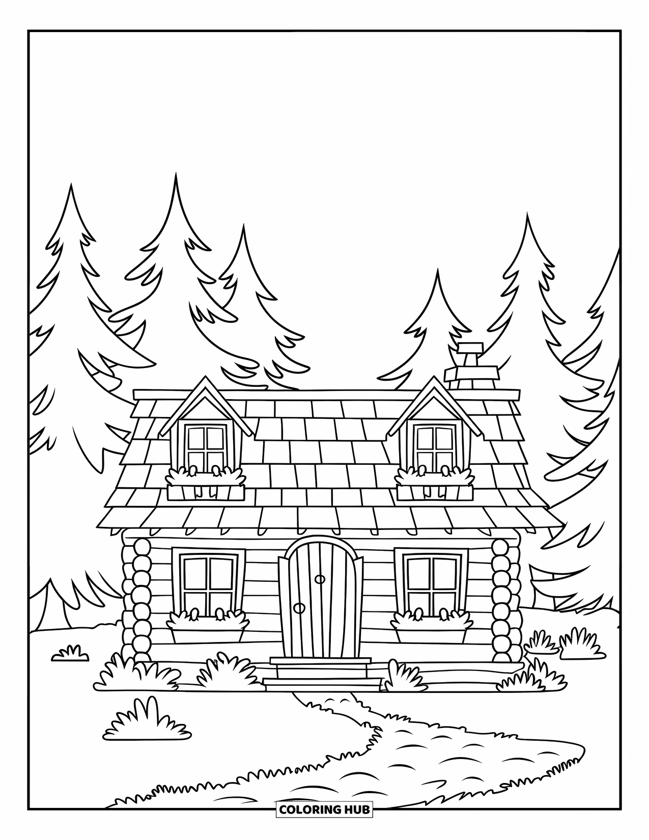 House Coloring Page for Kids: A log cabin with a path, chimney, and pine trees