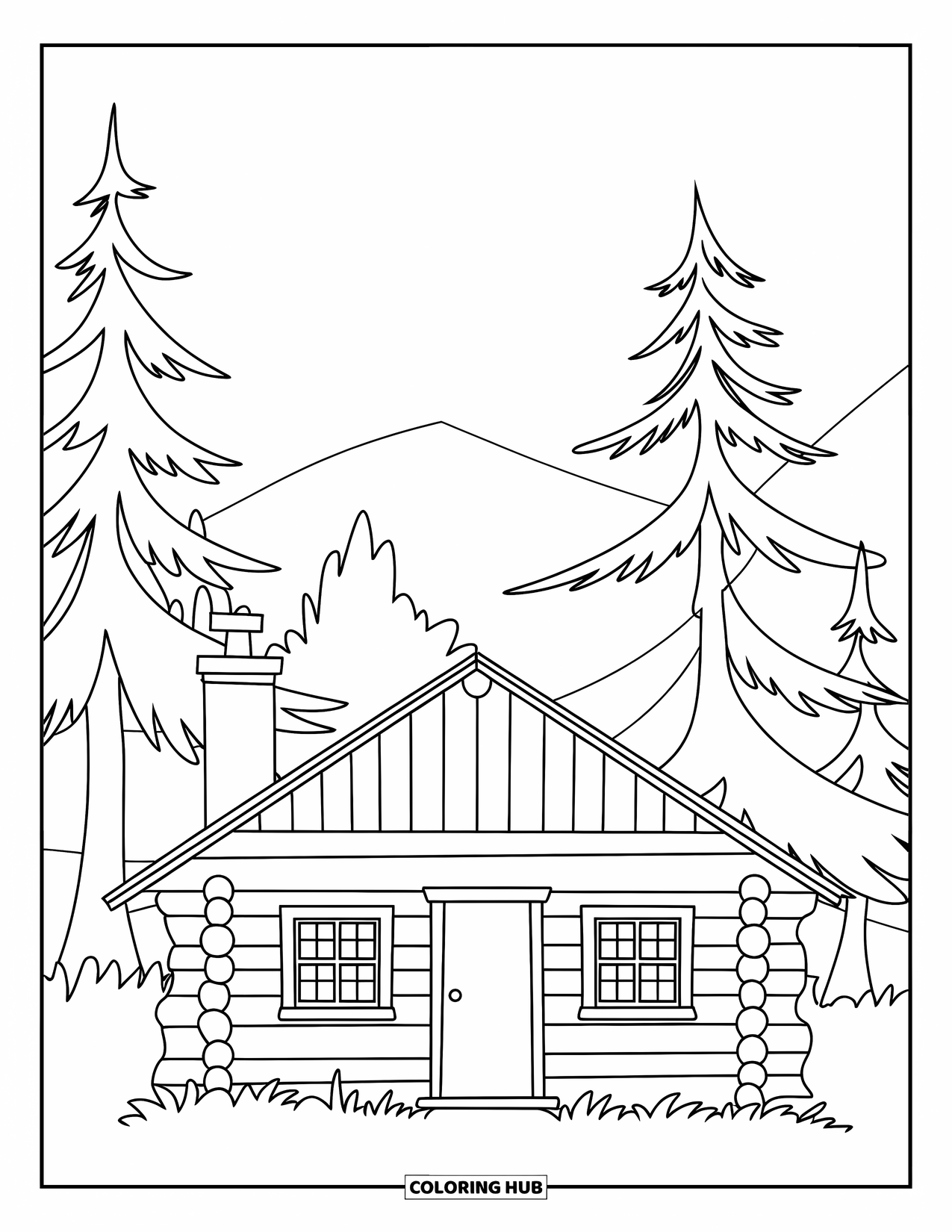 House Coloring Page for Kids: A log cabin with a wooden door, chimney, and pine trees