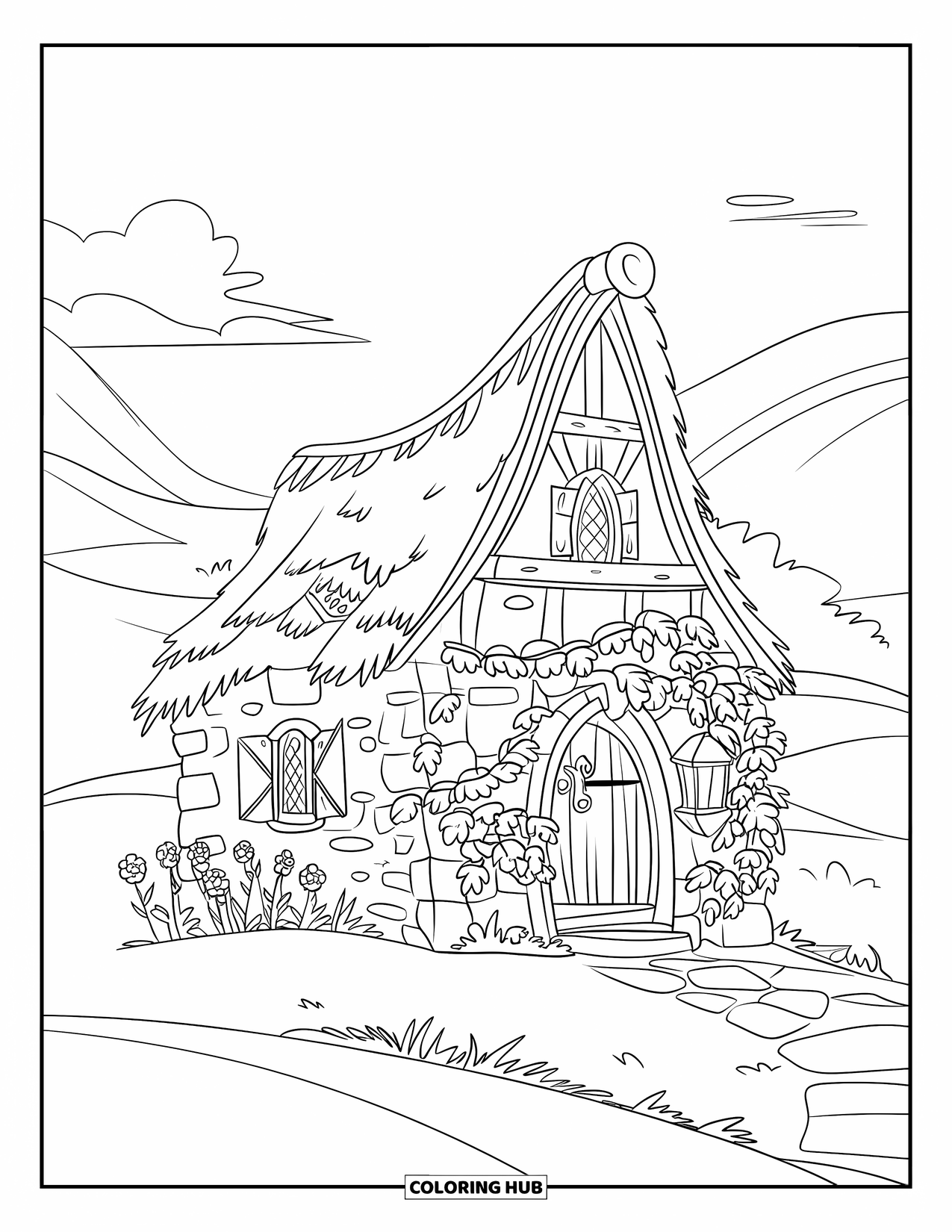 House Coloring Page for Kids: A medieval cottage with ivy-covered walls, a lantern, and a serene landscape