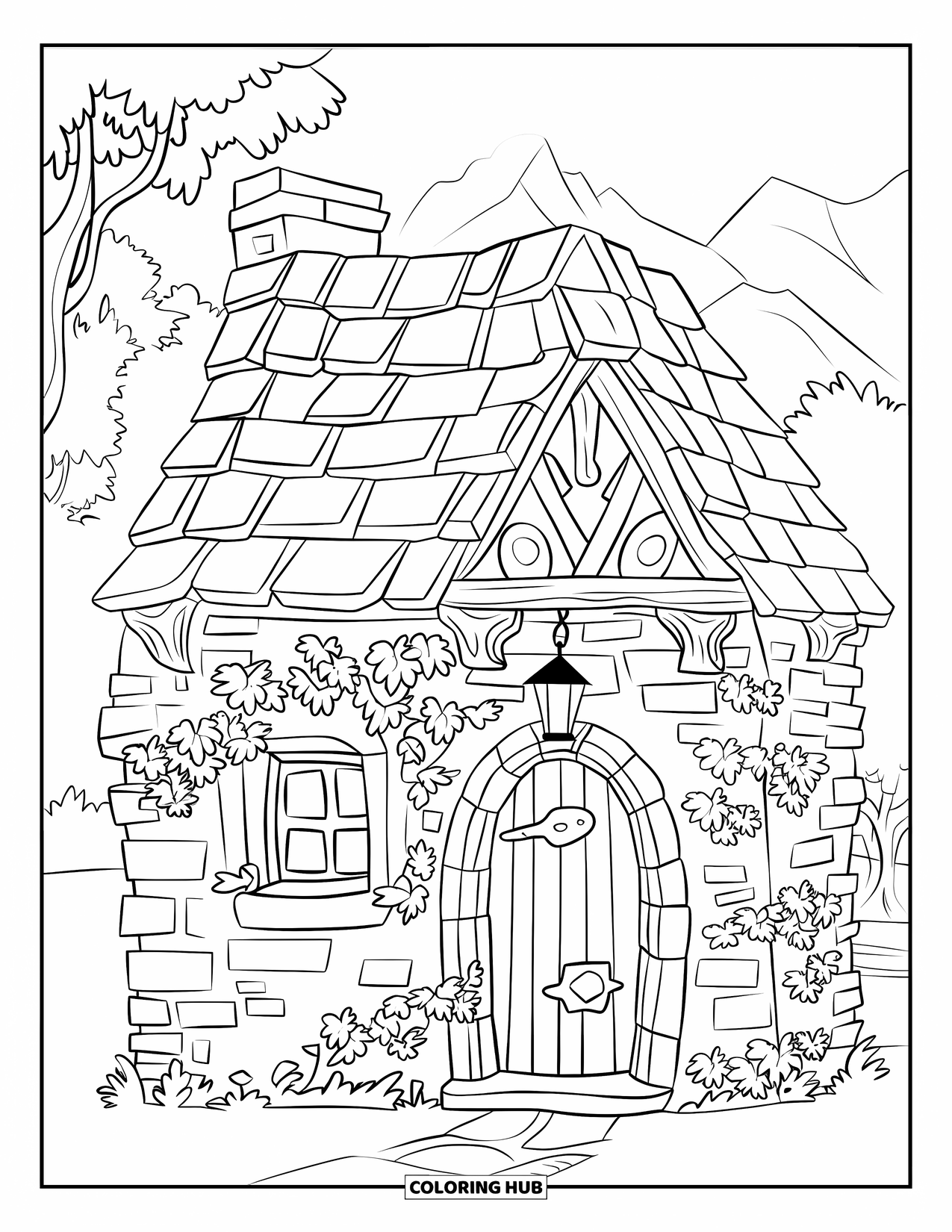House Coloring Page for Kids: A medieval stone cottage with ivy-covered walls, a wooden door, and a warm lantern