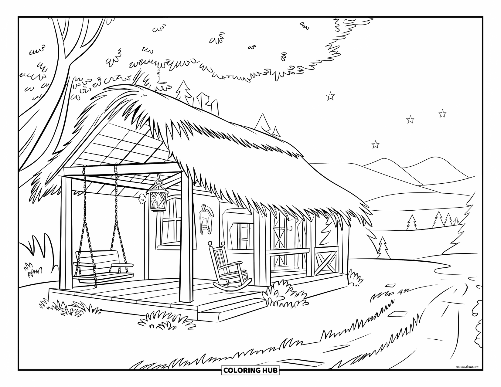 House Coloring Page for Kids: A peaceful cabin surrounded by greenery with mountains and stars above