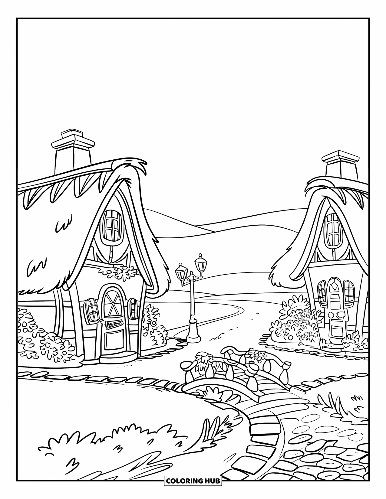House Coloring Page for Kids: A peaceful village street with thatched-roof houses, cobblestone paths, and a small bridge