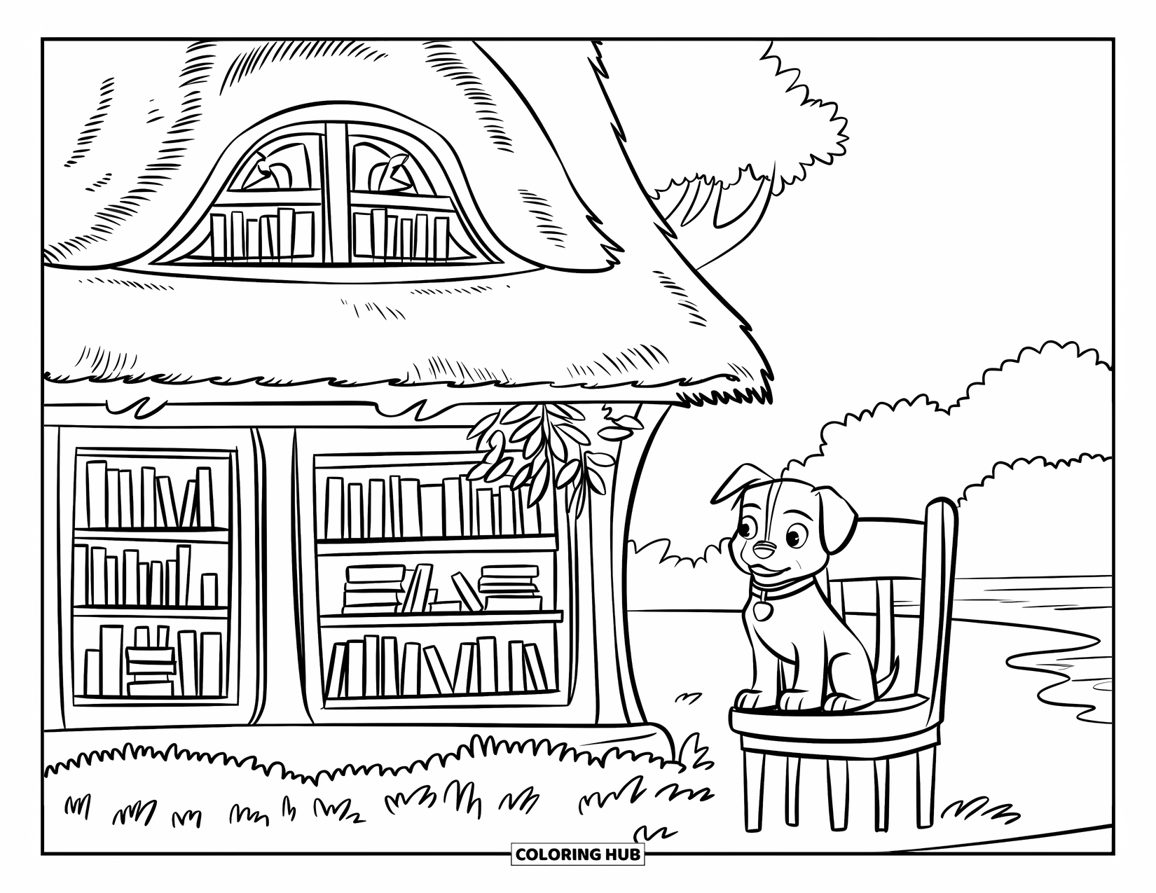 House Coloring Page for Kids: A quaint bookshop house with a thatched roof, shelves of books, and a puppy on a chair