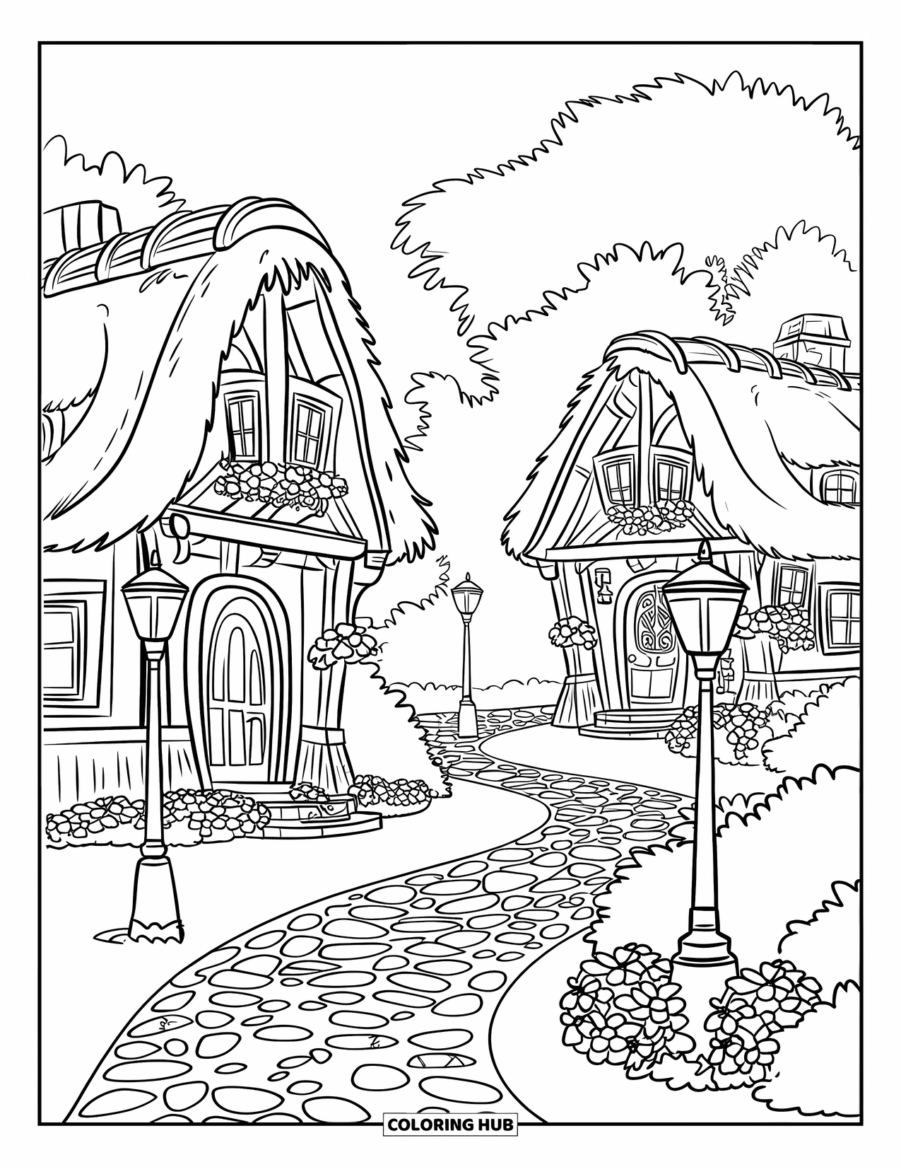 House Coloring Page for Kids: A quaint village street with cobblestone paths, cozy houses, and blooming flowers