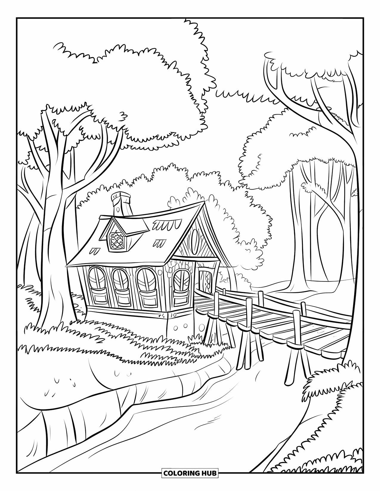 House Coloring Page for Kids: A riverside cabin in the forest with a chimney, wooden bridge, and tall trees