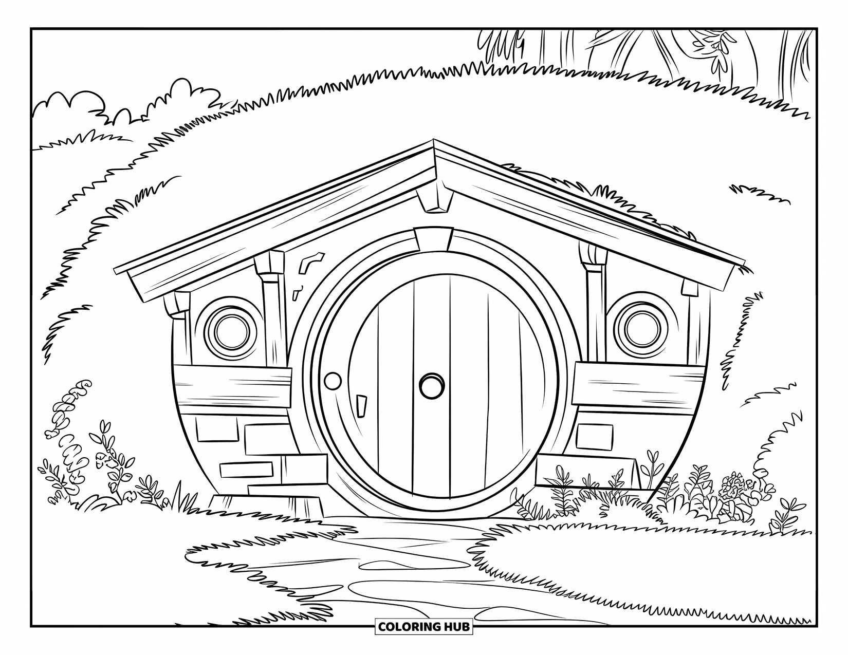 House Coloring Page for Kids: A round hobbit house with a path and pine trees