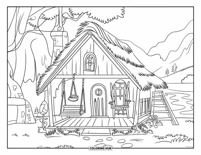 子ども向けの家のぬりえ: はしごのあるロフト付きの素朴な山小屋と山と水辺の景色