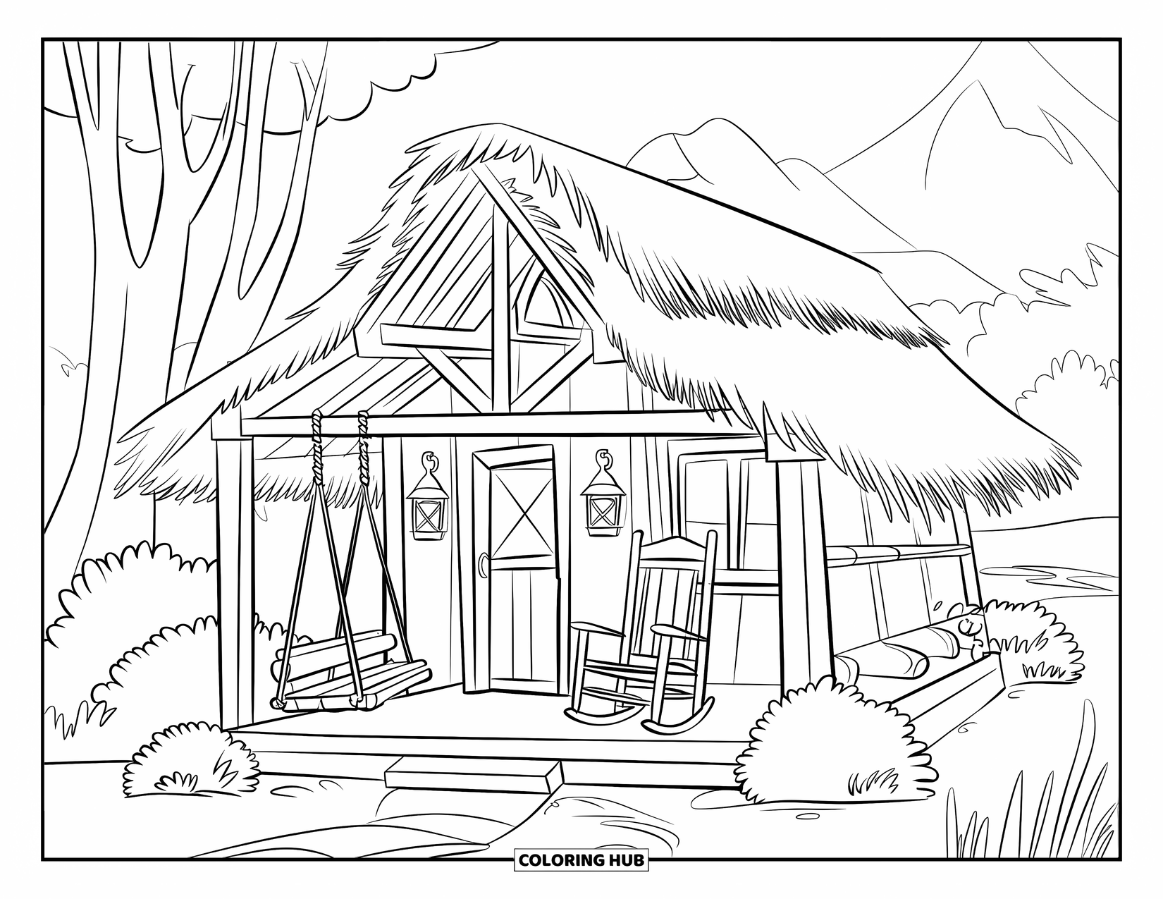 House Coloring Page for Kids: A rustic cabin with a porch swing and mountains in the distance