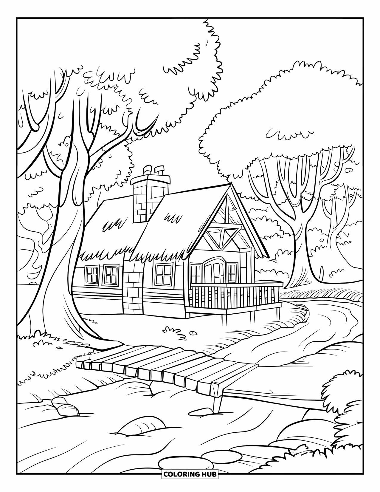 House Coloring Page for Kids: A serene forest cabin with a chimney, a river, and smooth stones below