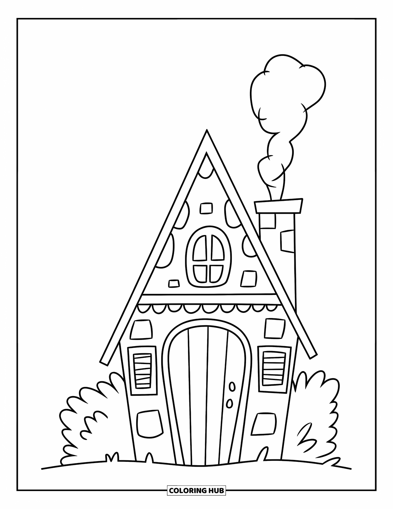 House Coloring Page for Kids: A small cottage with a triangle roof, a window, and smoke from the chimney