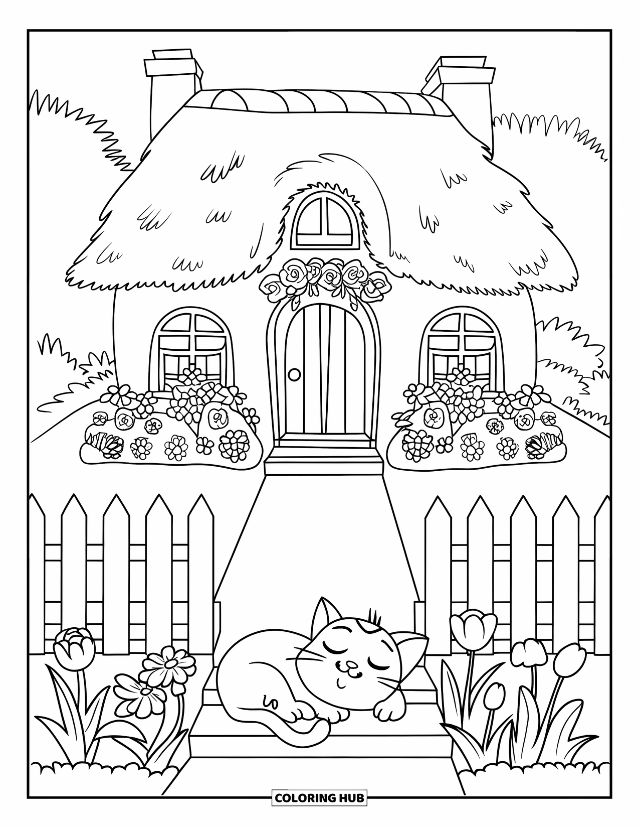 House Coloring Page for Kids: A small house with a flower garden and a napping cat