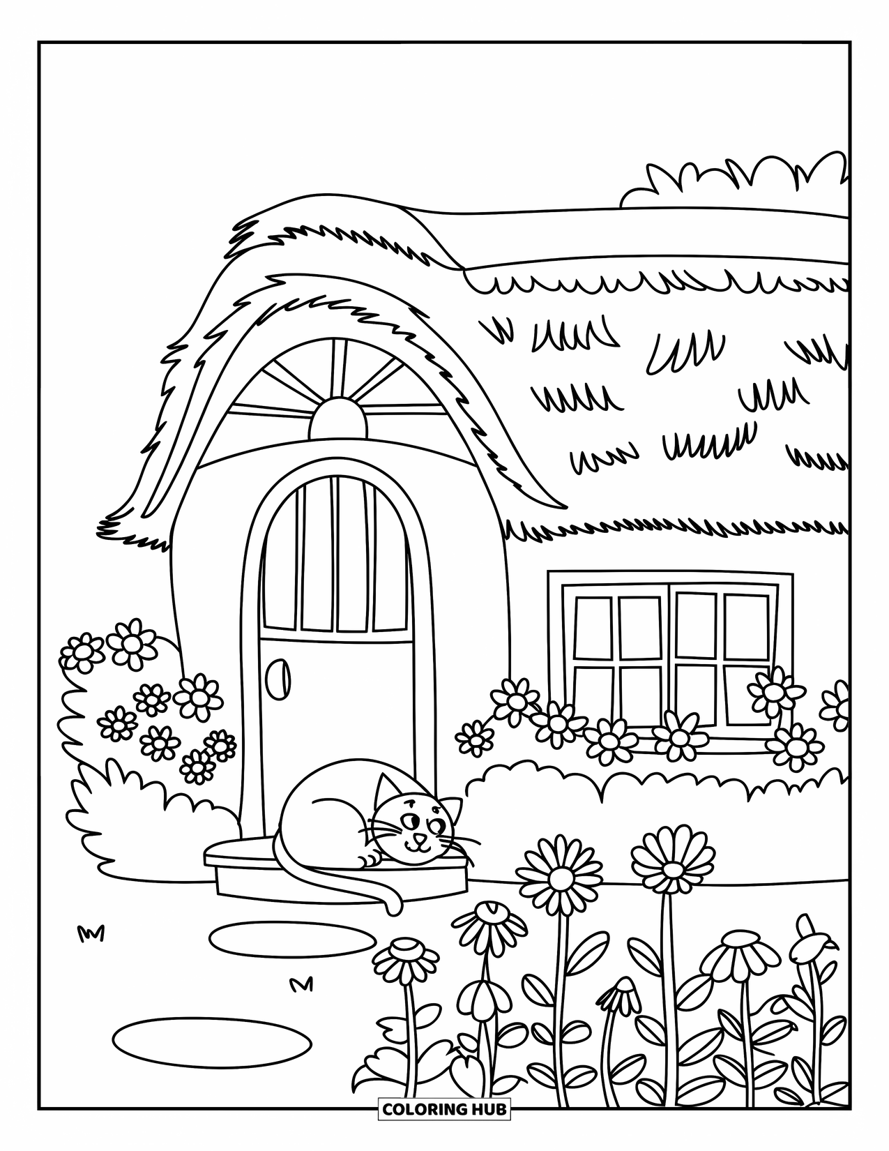 House Coloring Page for Kids: A small house with flowers, a cat, and a clear sky