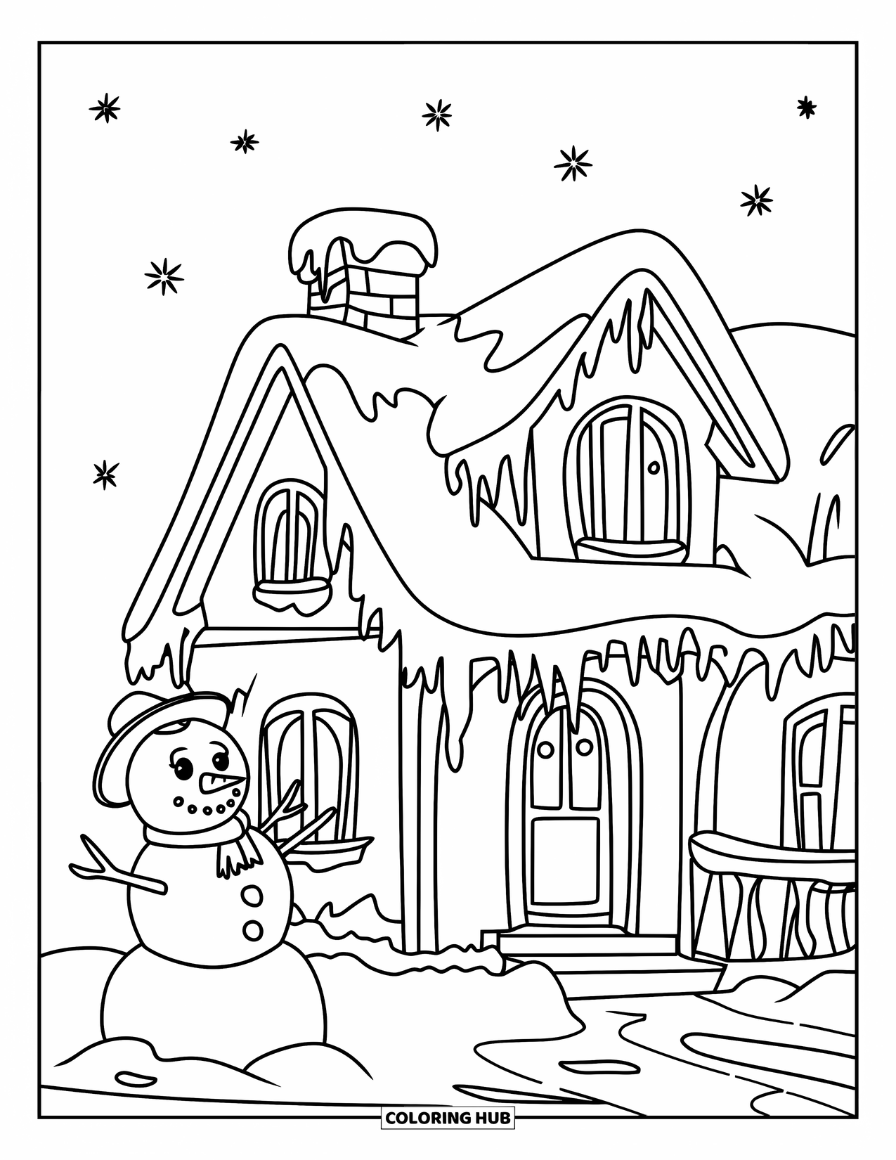 House Coloring Page for Kids: A snowy house with icicles, a snowman, and a starry sky