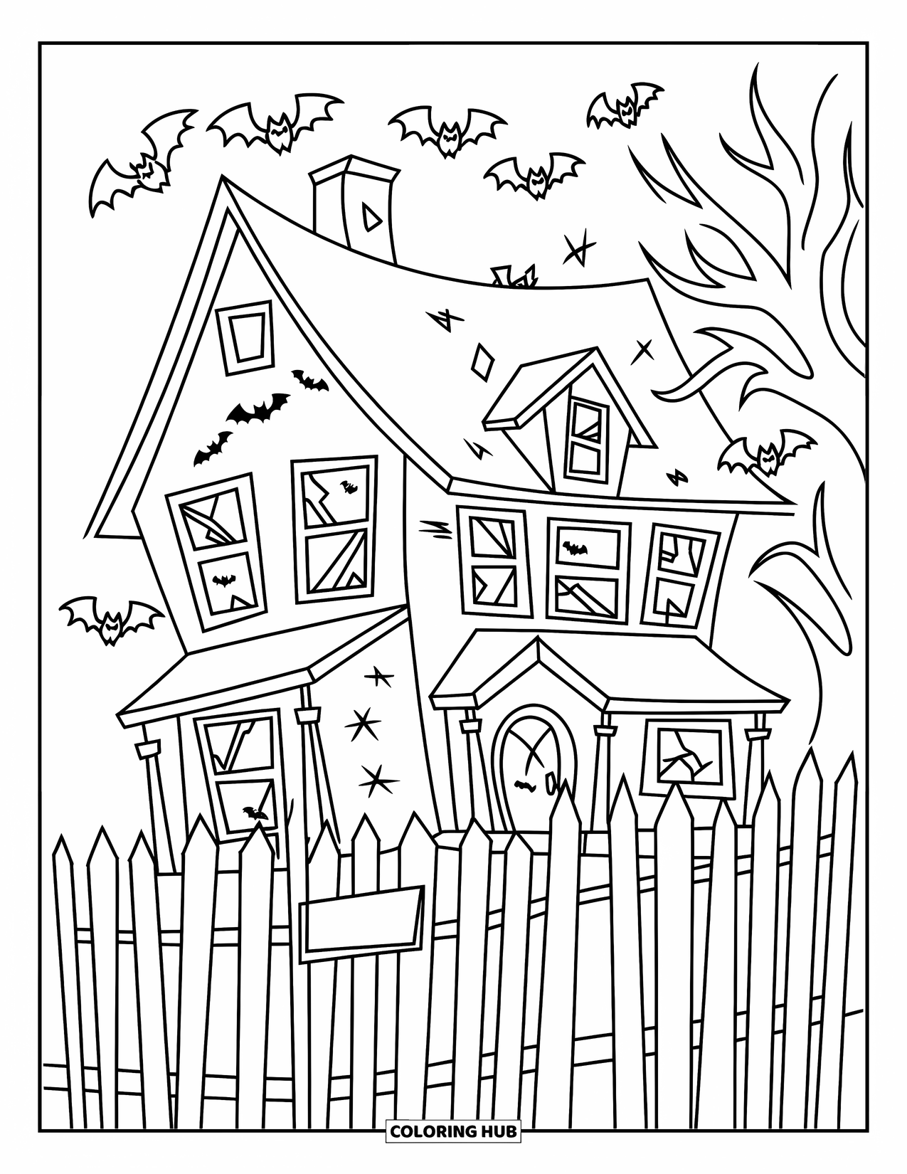 House Coloring Page for Kids: A spooky haunted house with broken windows, bats, and a crooked fence