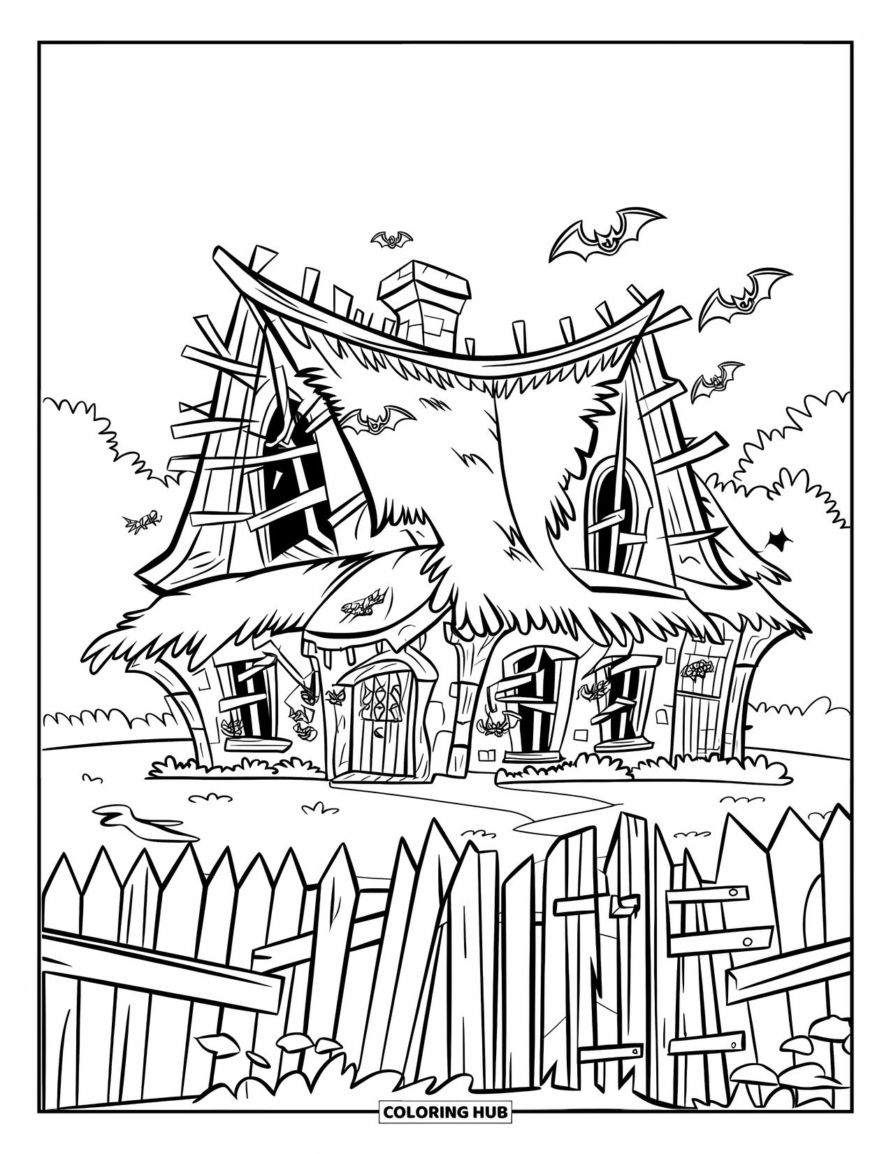 House Coloring Page for Kids: A spooky house with broken windows, bats, and a crooked fence in a grassy field
