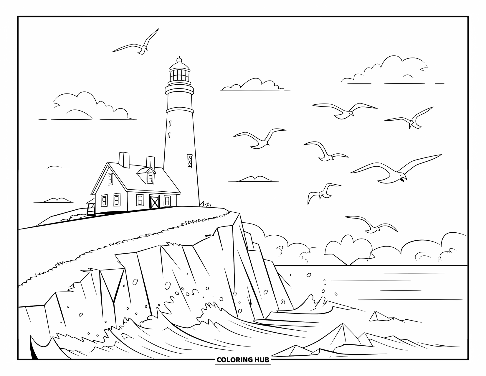 House Coloring Page for Kids: A striped lighthouse on a rocky cliff, waves crashing below, and seagulls above