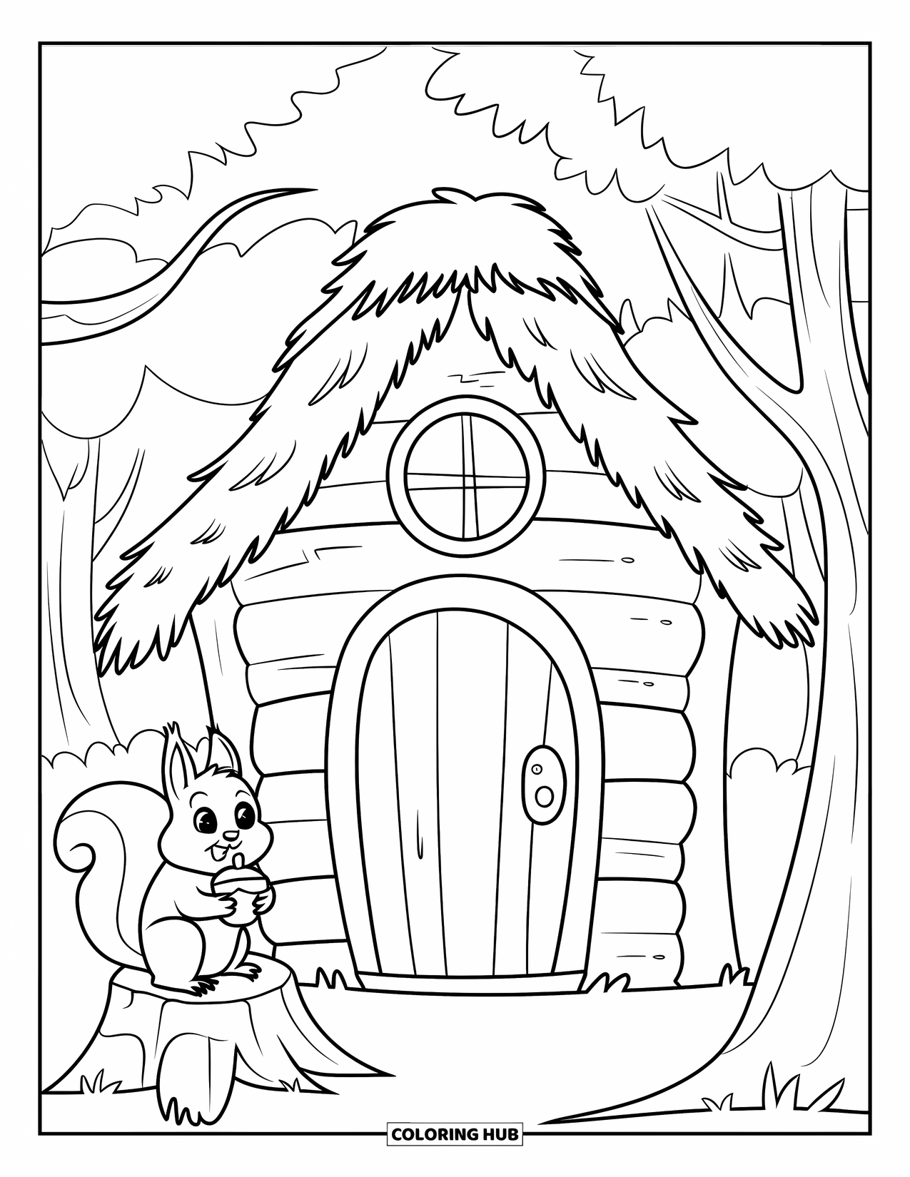 House Coloring Page for Kids: A tiny cabin in a forest with a squirrel nearby