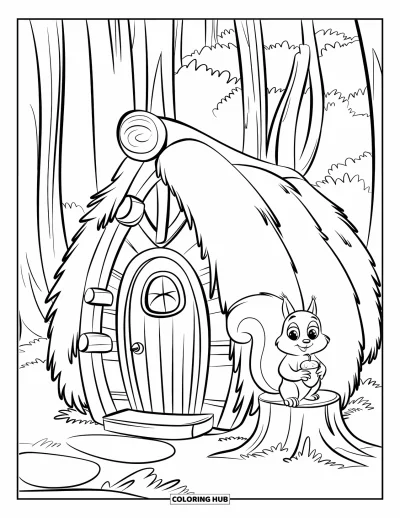 子ども向けの家のぬりえ: どんぐりを持ったリスがそばにいる小さな山小屋