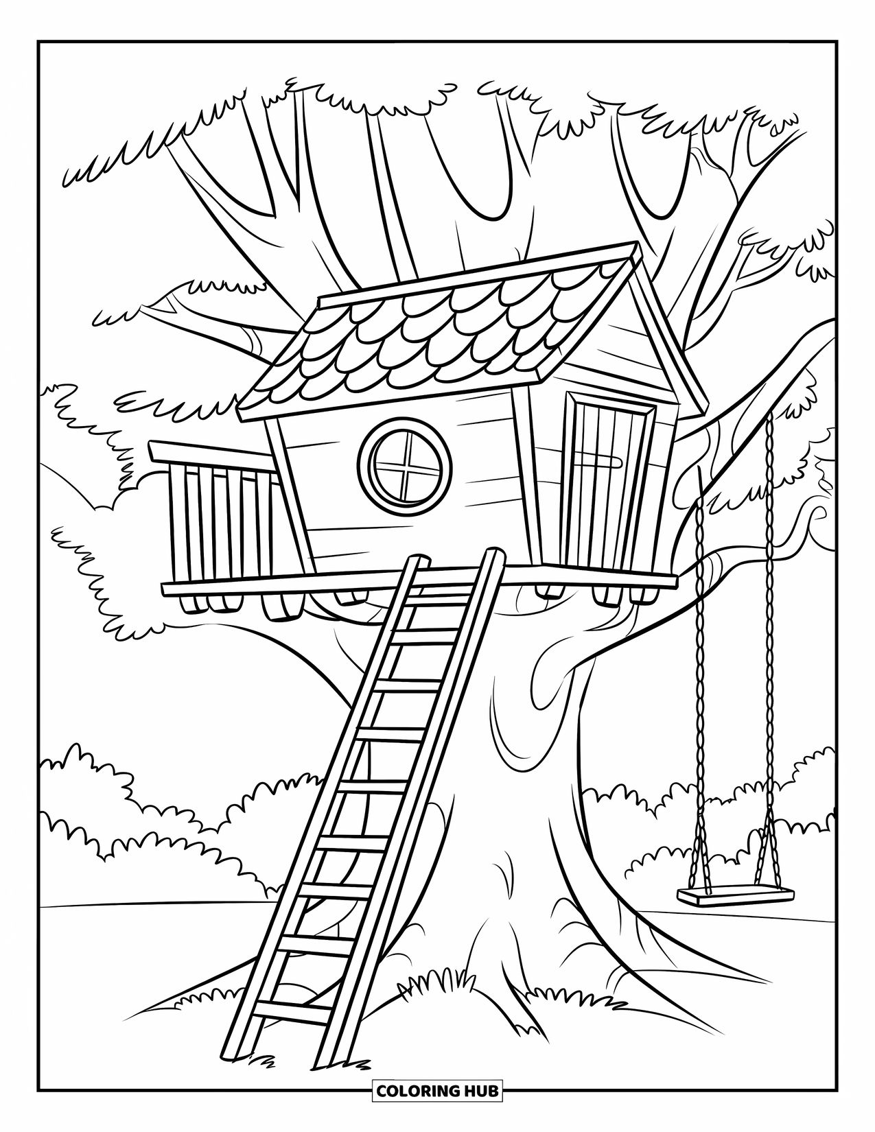 House Coloring Page for Kids: A treehouse with a ladder, round window, and a swing on a sturdy tree