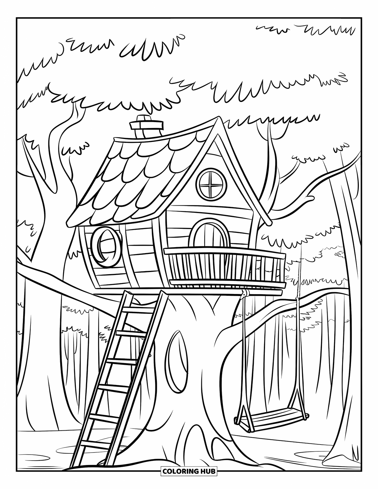 House Coloring Page for Kids: A treehouse with a ladder, swing, and round window