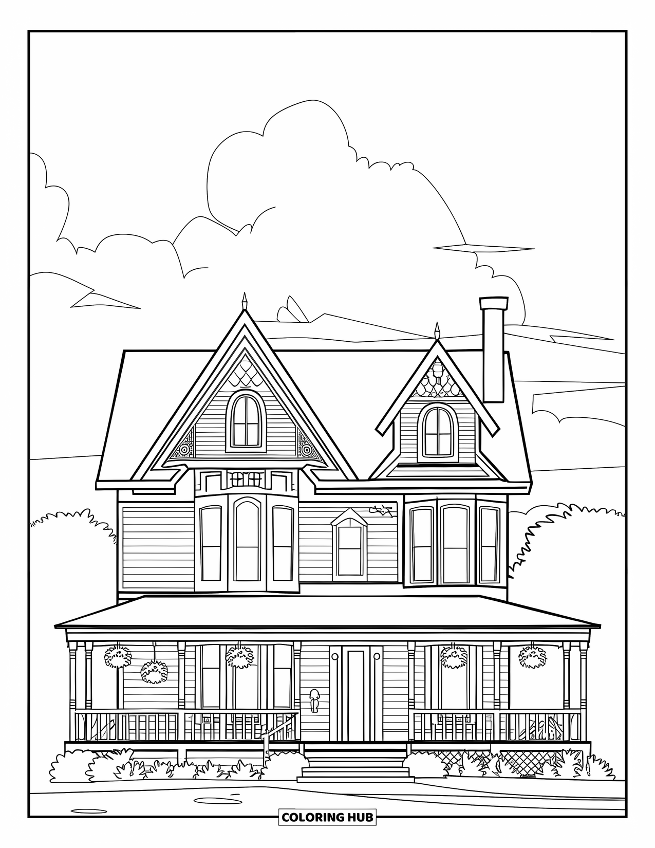 House Coloring Page for Kids: A Victorian house with tall windows, a wrap-around porch, and hanging plants