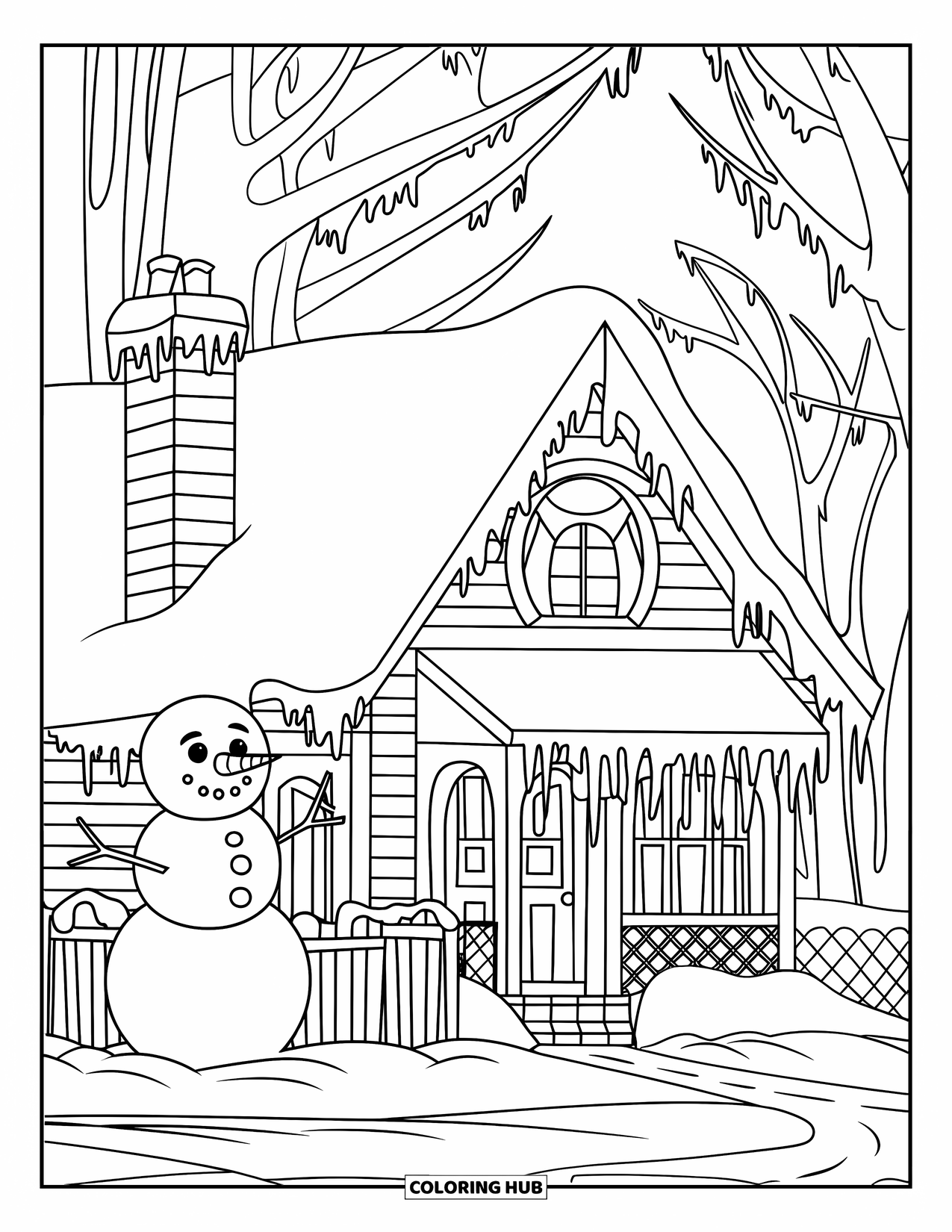 House Coloring Page for Kids: A winter house with snow, a snowman, and icicles on the trees