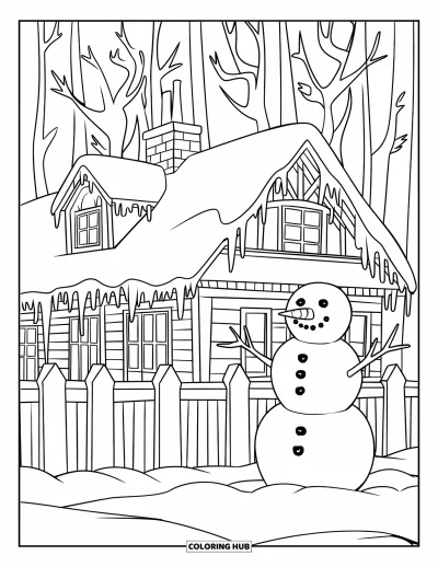 子ども向けの家のぬりえ: 雪とつらら、柵のそばの雪だるまがある冬の家