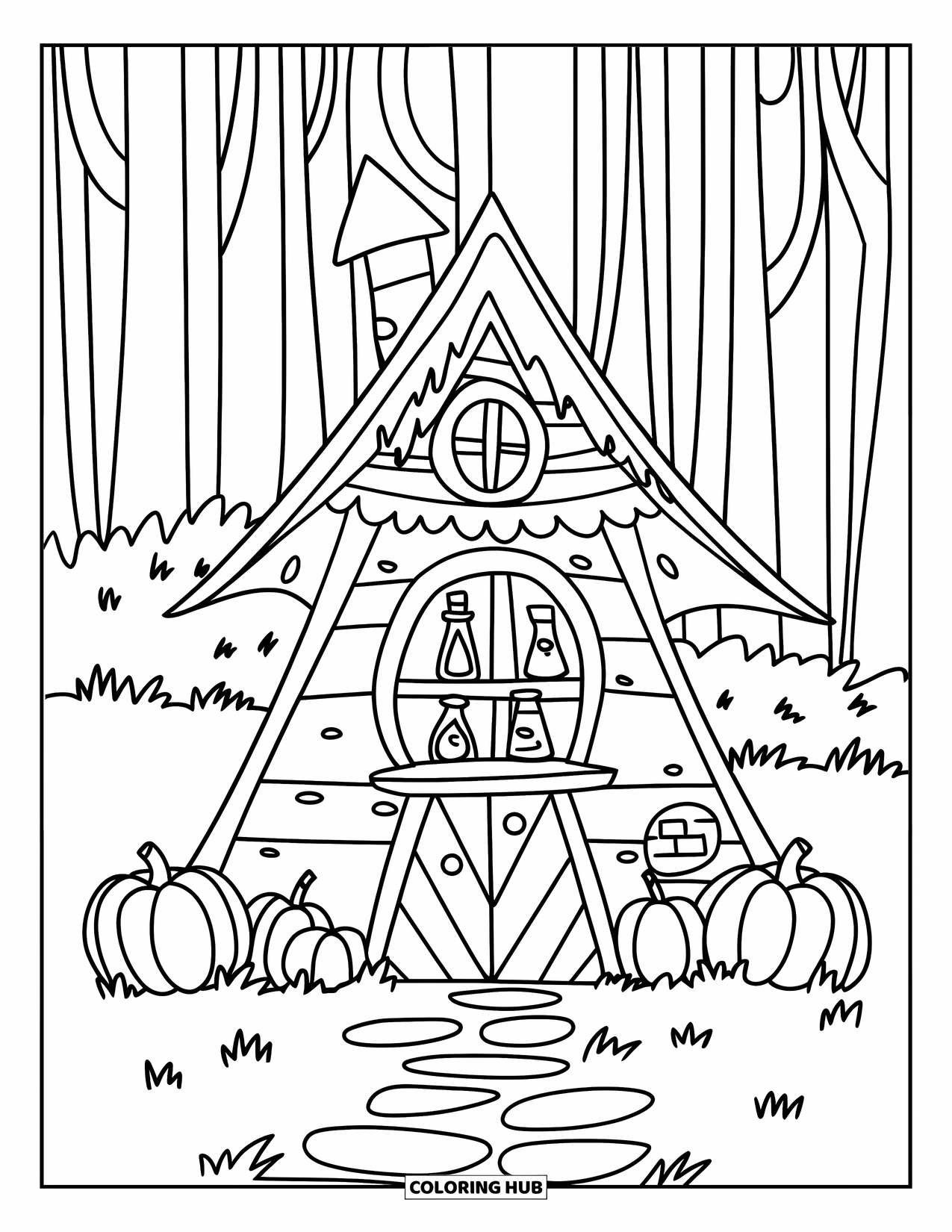 House Coloring Page for Kids: A witch's hut with a path, pumpkins, and potion bottles