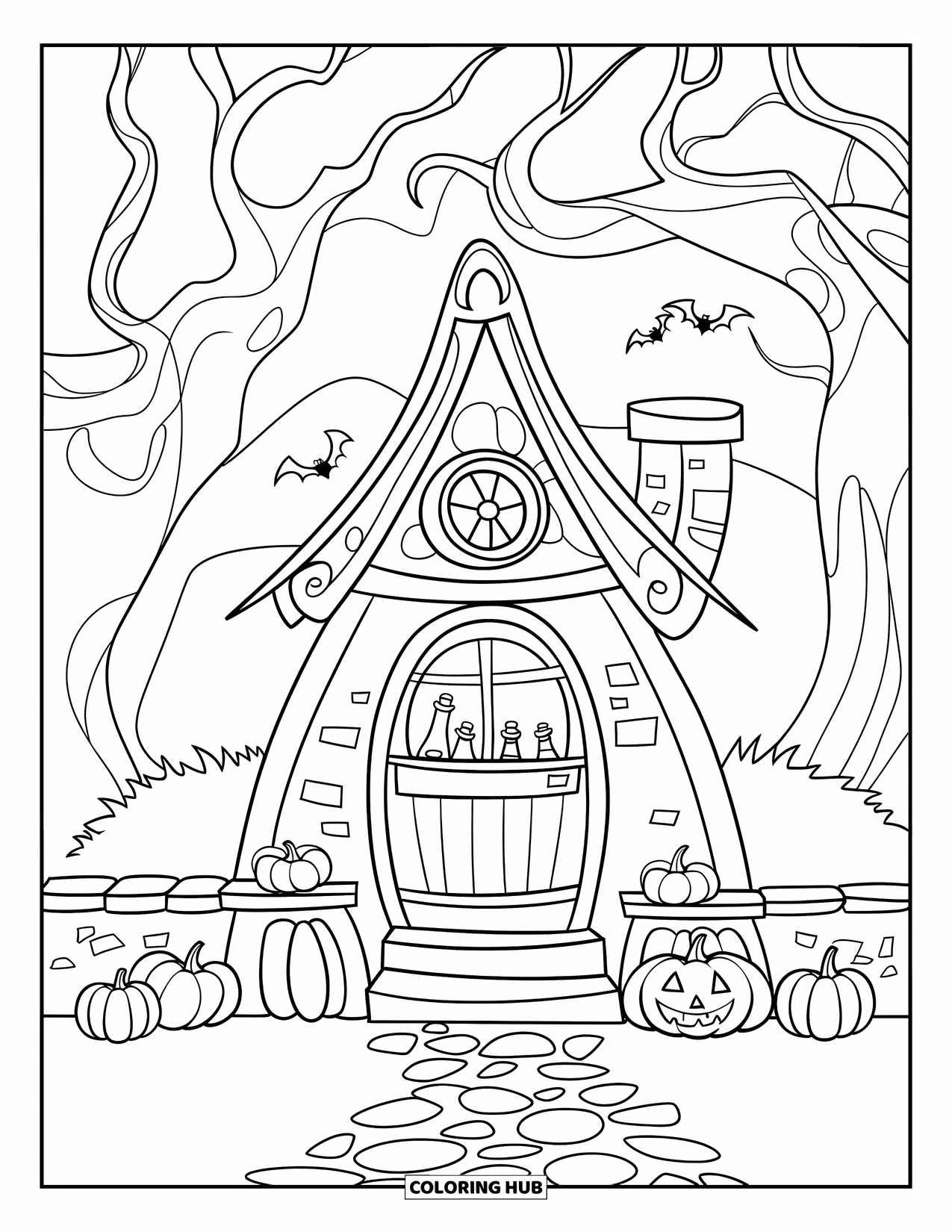 House Coloring Page for Kids: A witch's hut with pumpkins, a stone wall, and twisted trees