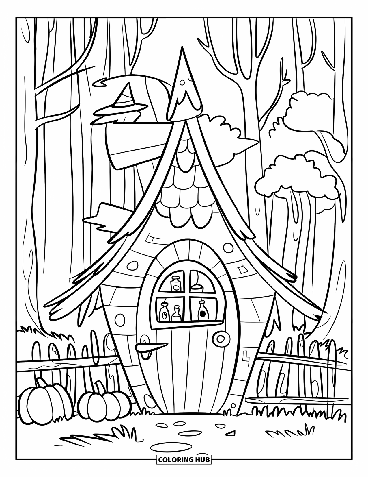 House Coloring Page for Kids: A witch's hut with pumpkins, potion bottles, and a fence made of branches