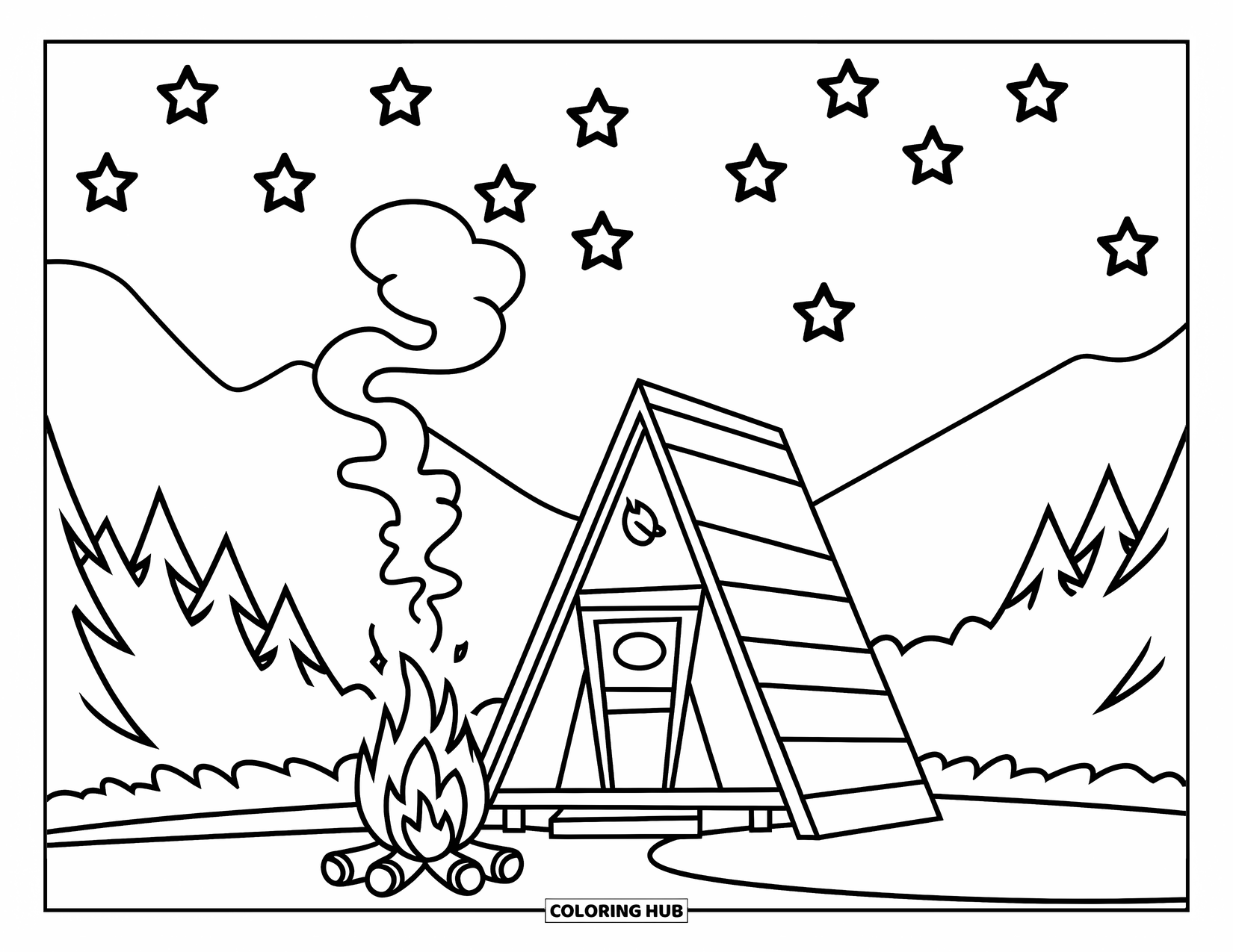 House Coloring Page for Kids: An A-frame cabin with a campfire and mountains in the distance