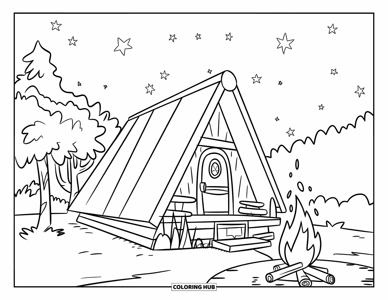 House Coloring Page for Kids: An A-frame cabin with a campfire and starry sky
