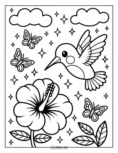 Hummingbird Coloring Page for Adults: A cheerful bird sips nectar while butterflies flutter and clouds smile above