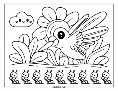 Hummingbird Coloring Page for Adults: A curious hummingbird hides behind a tropical flower as ants carry fruit below