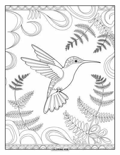 Hummingbird Coloring Page for Adults: A heart-shaped hummingbird design is surrounded by swirls and leafy details