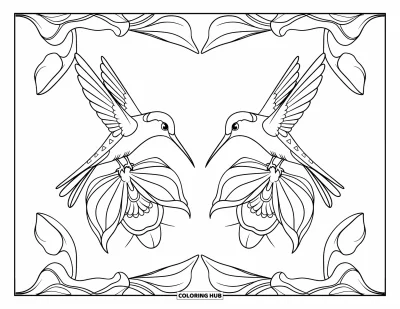 Hummingbird Coloring Page for Adults: A hummingbird and flower form a mirrored reflection in a simple design