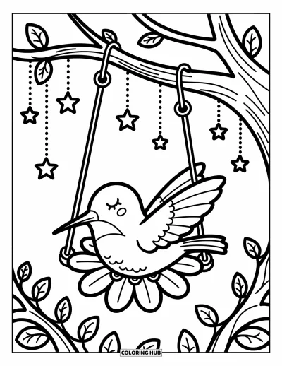 Hummingbird Coloring Page for Adults: A hummingbird dozes in a flower swing under stars and curling vines