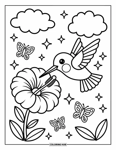 Hummingbird Coloring Page for Adults: A hummingbird drinks from a big flower as butterflies and clouds float around