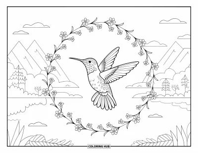 Hummingbird Coloring Page for Adults: A hummingbird flies above a blooming wreath near trees and a peaceful lake