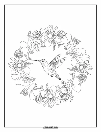 Hummingbird Coloring Page for Adults: A hummingbird flies inside a floral mandala filled with soft shapes