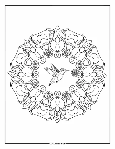 Hummingbird Coloring Page for Adults: A hummingbird glides toward a flower inside a detailed floral mandala