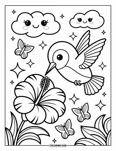 Hummingbird Coloring Page for Adults: A hummingbird hovers near a hibiscus surrounded by sparkles, butterflies, and happy clouds