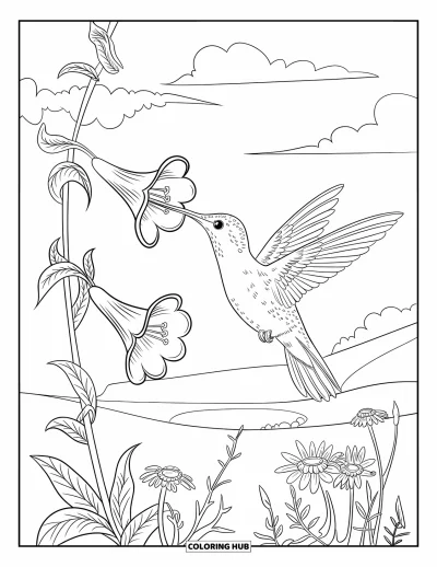 Hummingbird Coloring Page for Adults: A hummingbird hovers near blooming trumpet flowers under a calm, open sky
