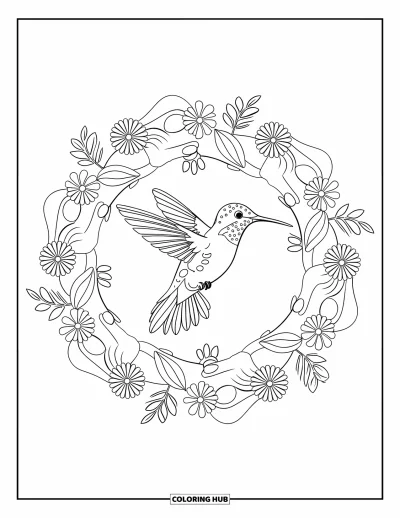 Hummingbird Coloring Page for Adults: A hummingbird in flight swirls through a spiral floral mandala