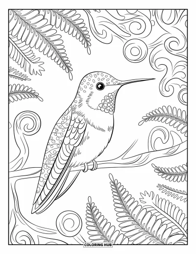 Hummingbird Coloring Page for Adults: A hummingbird perches among detailed swirls and fern-like designs