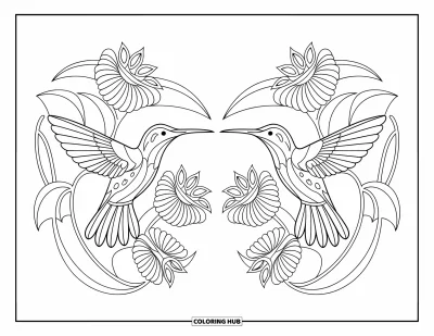 Hummingbird Coloring Page for Adults: A hummingbird perches on a flower in a beautifully mirrored design