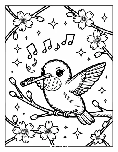 Hummingbird Coloring Page for Adults: A hummingbird plays a tiny flute as petals and sparkles float around