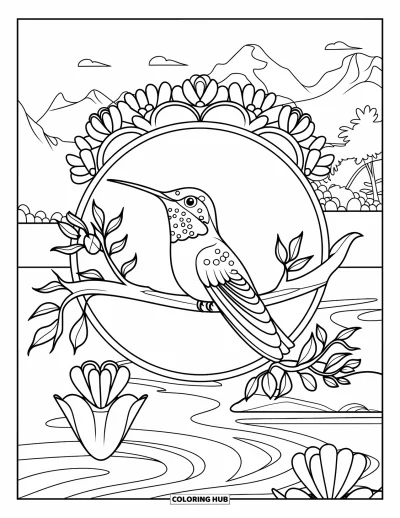 Hummingbird Coloring Page for Adults: A hummingbird relaxes on a branch surrounded by flowers and calm scenery