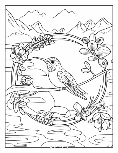Hummingbird Coloring Page for Adults: A hummingbird rests among zen-inspired flowers near mountains and trees