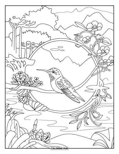 Hummingbird Coloring Page for Adults: A hummingbird rests in a floral design with a peaceful mountain scene behind